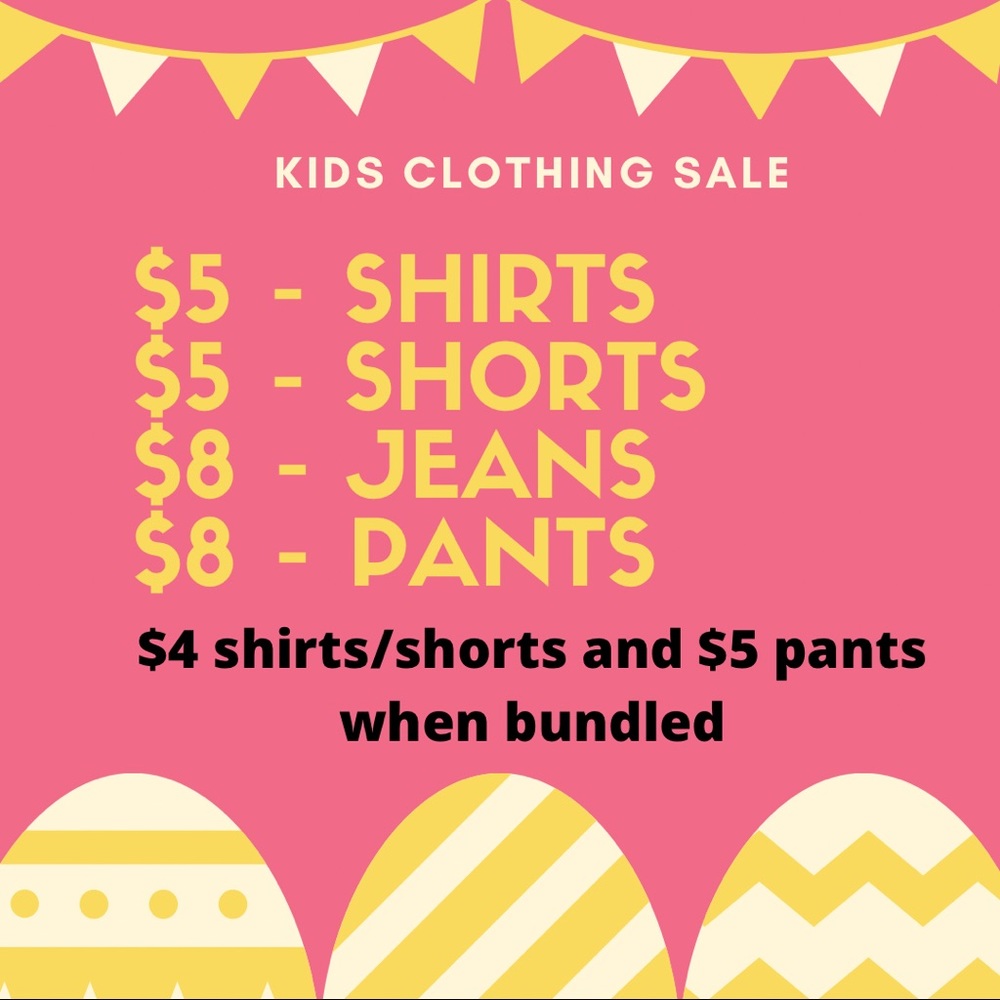 SALE - $5 shirts & shorts   |   $8 pants